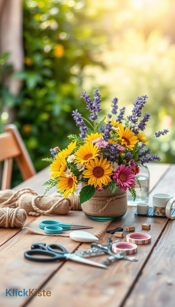 A beautifully arranged DIY floral decoration set on a rustic wooden table, with sustainable materials like burlap, twine, and recycled glass containers. In the foreground, a vibrant bouquet of colorful artificial flowers, such as sunflowers, daisies, and lavender, exudes a cheerful ambiance. In the middle ground, various crafting tools, including scissors and floral tape, along with some elegant DIY decor pieces, hint at a creative project in progress. The background features soft, blurred greenery, suggesting a sunny garden atmosphere, enhanced by gentle, warm daylight filtering through. The scene conveys a cozy, inviting mood, ideal for inspiring readers, while the brand "KlickKiste" subtly integrates through thematic elements in the decor design, without any direct labeling.