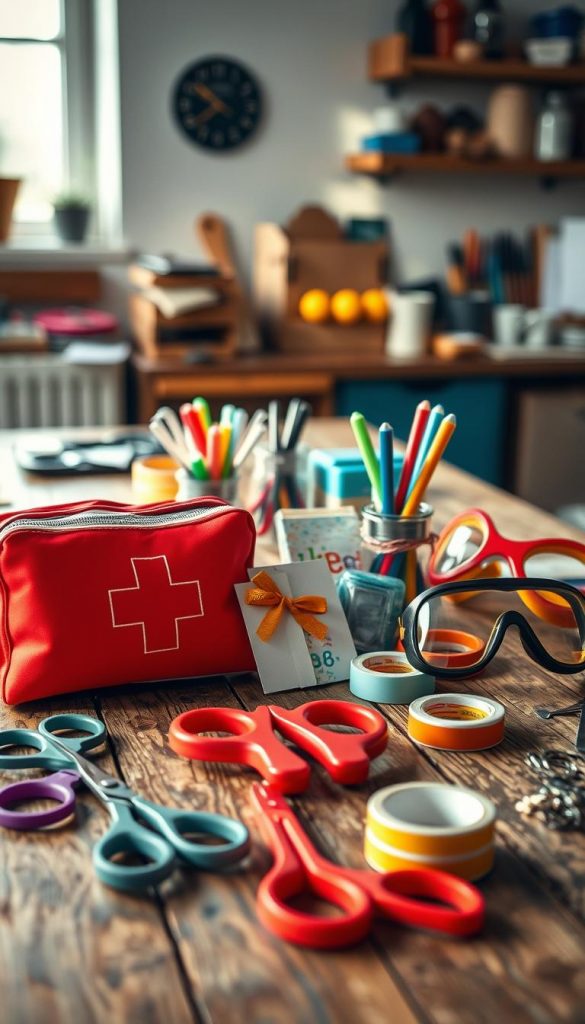 A beautifully arranged DIY gift set titled "Sicherheitscheck Geschenk" by KlickKiste, focusing on safety in crafting. In the foreground, vibrant handmade gifts like a decorated first-aid kit, colorful safety scissors, and safety goggles are artfully displayed on a rustic wooden table. The middle ground features scissors, tape, and other crafting materials, integrated harmoniously with cheerful, warm colors. In the background, a softly blurred home workshop scene is illuminated by natural light streaming through a window, casting gentle shadows. The atmosphere feels inviting and creative, evoking inspiration for safe and enjoyable DIY projects, perfect for those looking to increase safety while gifting. The composition conveys warmth, authenticity, and a Pinterest-worthy style.