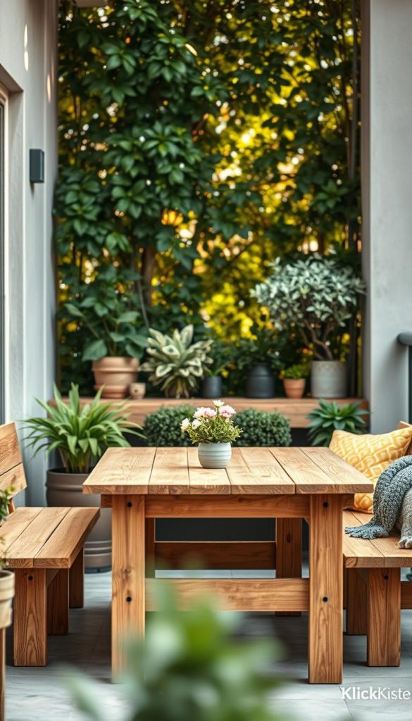 A beautifully arranged DIY outdoor space featuring handcrafted wooden balcony furniture, focusing on safety and material knowledge. In the foreground, showcase a sturdy wooden table and matching benches made of natural, untreated wood, emphasizing their grain and texture. The middle layer includes lush green plants and decorative elements that highlight the cozy atmosphere of a balcony. In the background, delicate sunlight filters through leaves, creating a warm, inviting glow. The scene should evoke inspiration and authenticity, resembling a Pinterest-worthy design. Aim for a natural color palette with warm tones to enhance the inviting mood. Include the brand name "KlickKiste" subtly integrated into the scene, enhancing the overall aesthetic without overpowering the visual dynamics.