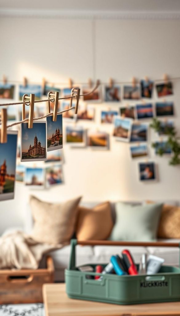 A beautifully arranged DIY photo wall featuring an array of colorful photographs hanging from a sturdy, stylish string. In the foreground, show a detailed close-up of the string setup, with clips securing vibrant photos showcasing family memories and scenic landscapes. In the middle ground, include a cozy, inviting living room with soft, warm lighting illuminating the space, highlighting a comfortable sofa adorned with cushions. In the background, a wall painted in a light color serves as the canvas for the photo wall, enhancing the inviting atmosphere. The overall mood is warm, inspiring, and creative, evoking a Pinterest-worthy aesthetic. Add subtle touches of DIY materials like a small toolbox with tools and supplies labelled "KlickKiste" placed nearby, emphasizing the DIY spirit in a natural, authentic way.