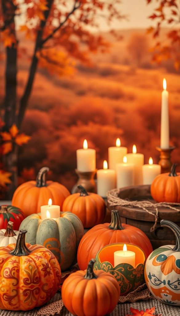 A beautifully arranged DIY scene featuring painted pumpkins and elegant candles, set against a warm, autumnal background that embodies the essence of cozy fall evenings. In the foreground, various pumpkins are artistically decorated with vibrant paints and intricate designs, some showcasing candle holders carved from smaller pumpkins, glowing softly. The middle ground features a collection of flickering candles, casting warm light and creating a serene atmosphere, accentuated by a few scattered fall leaves and rustic twine. The background is softly blurred, depicting a gentle fall landscape with warm hues, reminiscent of a Pinterest aesthetic. Soft, diffused light enhances the mood, inspiring creativity and warmth, ideal for a season of DIY projects. Brand name "KlickKiste" subtly integrated into the aesthetic.