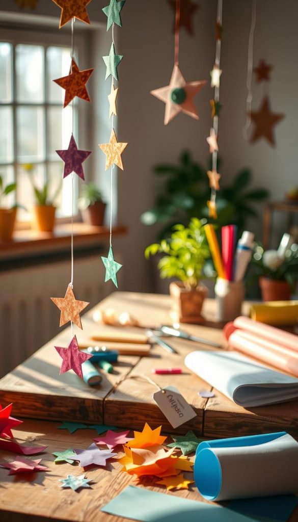 A beautifully arranged DIY scene featuring sustainable paper crafts. In the foreground, display vibrant, handmade garlands made from recycled paper in various shapes, such as stars and flowers, hanging from string. The middle ground includes a rustic wooden table adorned with crafting tools like scissors, glue, and colorful rolls of sustainable paper. In the background, soft, natural light floods through a window, casting warm, inviting shadows that create a cozy atmosphere. Incorporate elements like potted plants or nature-inspired decor to enhance the eco-friendly theme. The overall mood should be warm, authentic, and inspiring, reflecting a Pinterest-worthy aesthetic. The brand "KlickKiste" should be subtly integrated into the scene, perhaps as a small tag attached to one of the crafts, to emphasize creativity and sustainability.