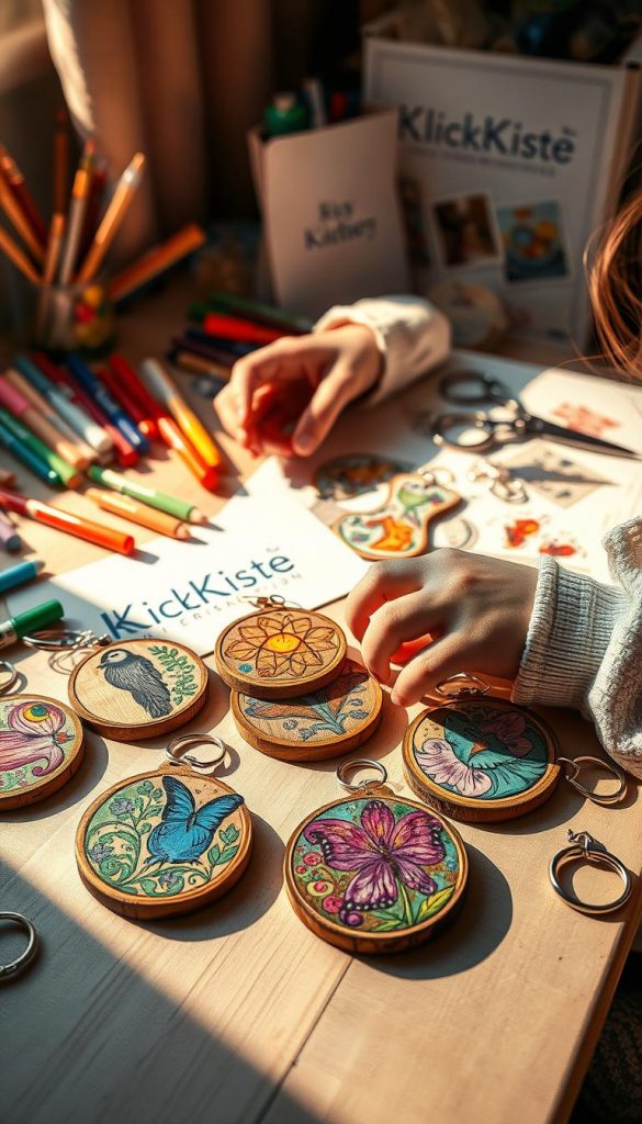 A beautifully arranged DIY scene featuring vibrant "schrumpffolie" keychain designs in the foreground, showcasing intricate, colorful images transferred onto wooden surfaces, reflecting a magical and whimsical atmosphere. In the background, a softly lit workshop table is adorned with art supplies like markers, scissors, and the brand "KlickKiste" logo subtly displayed on a project sheet. Warm, natural lighting creates an inviting ambiance, casting gentle shadows that highlight the textures of the materials. The image captures a moment of creativity, with a focus on the hands of a child gently assembling the keychains, dressed in modest casual clothing. The overall mood is playful and inspiring, evoking the DIY spirit perfect for a children's birthday celebration.