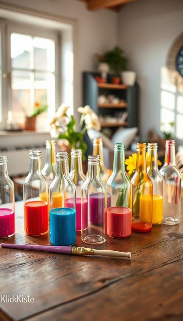 A beautifully arranged DIY scene showcasing the process of painting glass bottles to be transformed into vases. In the foreground, a collection of empty, clear glass bottles of various shapes and sizes sits on a rustic wooden table, each bottle holding a different vibrant color of non-toxic paint. A paintbrush lies next to a partially painted bottle, reflecting the creative process. In the middle ground, there are pots with fresh flowers, hinting at the bottles' future as vases. The background features a softly blurred interior of a cozy workspace, bathed in warm, natural light filtering through a window, creating an inviting atmosphere. The aesthetic is designed to inspire, with a Pinterest-worthy look that embodies creativity and sustainability. The brand name "KlickKiste" can be subtly considered in the ambiance of the scene.
