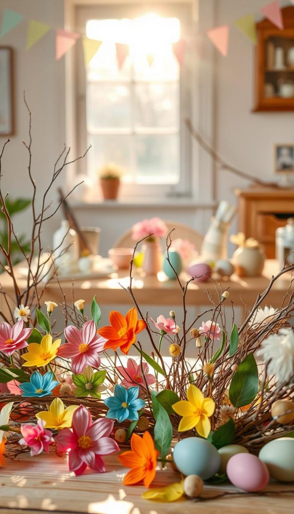 A beautifully arranged DIY spring decoration scene inspired by "KlickKiste." In the foreground, showcase a vibrant assortment of handmade crafts using paper, foil, and found objects, such as colorful origami flowers, shimmering foil accents, and rustic twigs. The middle layer includes a soft, natural wooden table, adorned with pastel-colored decorative items—like ceramic pots, painted eggs, and paper bunting strung above. In the background, a sunlit window casts warm, inviting light, enhancing the ambiance with gentle, diffused shadows. The overall mood is fresh, cheerful, and inspiring, evoking the essence of spring. The colors should be bright and cozy, perfect for a Pinterest aesthetic that resonates with nature and creativity.