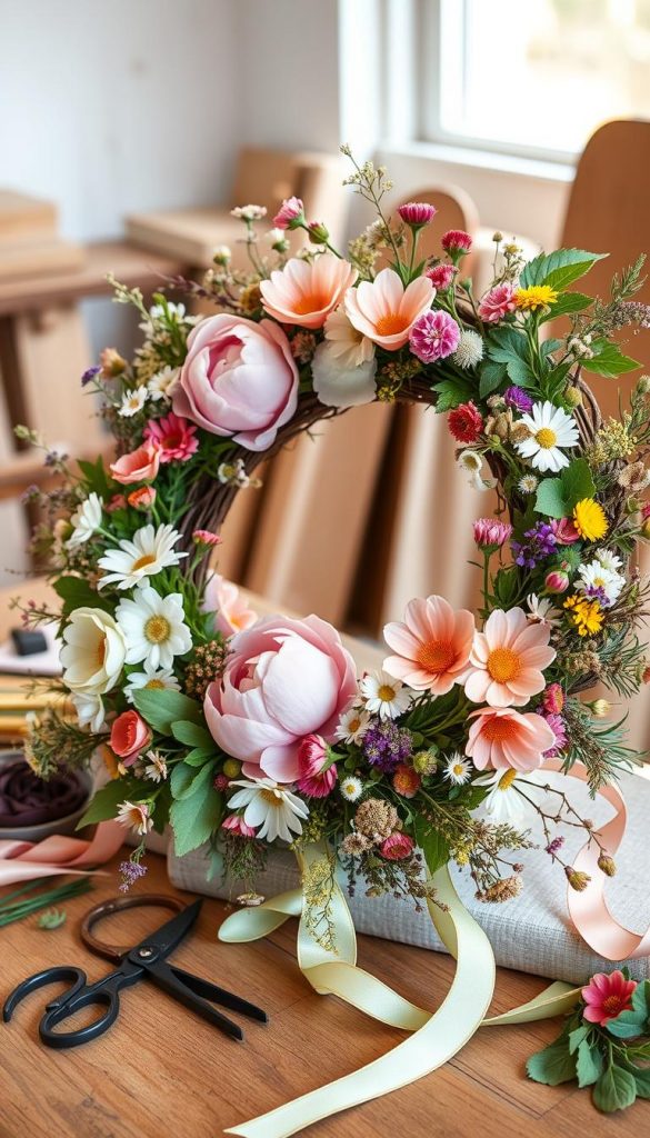 A beautifully arranged DIY spring wreath (kranz) featuring an eclectic mix of seasonal flowers, twigs, and greenery in warm, inviting colors. In the foreground, capture the wreath adorned with delicate pastel blooms like peonies and daisies, interspersed with vibrant wildflowers and lush leaves, exuding a modern, natural, and Boho aesthetic. The middle ground showcases tools and materials like ribbons and scissors, hinting at the DIY process. The background displays a softly blurred, sunlit workspace with wooden textures, enhancing the warm atmosphere. Use soft, natural lighting to convey a cheerful, inspiring mood, reminiscent of Pinterest aesthetics. The brand name "KlickKiste" subtly integrated, emphasizing creativity and authenticity in home decor.