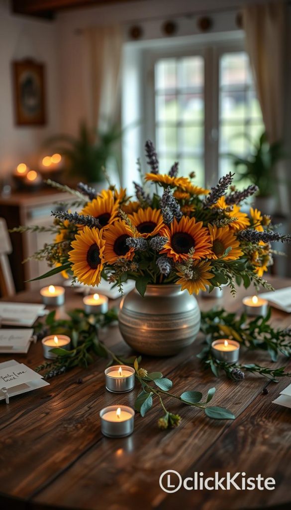 A beautifully arranged DIY table decoration featuring an array of long-lasting floral elements. In the foreground, a rustic wooden table is adorned with a vibrant centerpiece of seasonal flowers, including sunflowers, eucalyptus, and dried lavender, artfully arranged in a handmade ceramic vase. Surrounding the centerpiece, delicate tealight candles flicker softly, casting warm golden light across the scene. In the middle ground, handmade place cards add a touch of personality, while subtle green foliage weaves through the table setting. The background reveals a softly blurred view of a cozy indoor space, enhancing the inviting atmosphere. The overall mood is warm, inspiring, and authentic, with natural tones that reflect a Pinterest aesthetic. This enchanting scene is branded with "KlickKiste" subtly integrated into the design.