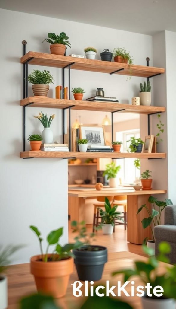 A beautifully arranged DIY wall shelf (ideen wandregal) featuring multiple layers of natural wood, elegantly displaying potted plants, books, and decorative items. The foreground showcases the shelf with a variety of textures, like wood grains and ceramic pots, while the middle ground allows for glimpses of the kitchen and living room beyond, adorned with cozy decor. In the background, soft, warm lighting bathes the scene, creating an inviting atmosphere; hints of greenery from houseplants can be seen. Capture this scene from a slight downward angle to emphasize the craftsmanship of the shelf, evoking a Pinterest-inspired aesthetic that feels both authentic and inspiring. The brand name "KlickKiste" subtly integrated into the design elements, enhancing the creative feel of the atmosphere.