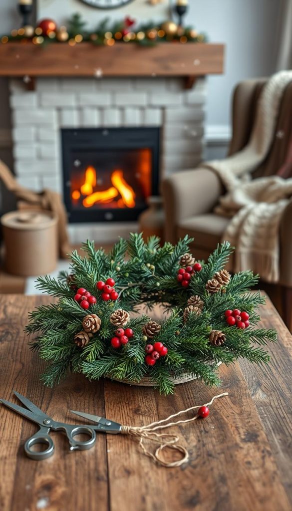 A beautifully arranged DIY winter wreath, showcasing a "Stil inspiration kranz" design, filled with natural elements such as evergreen branches, pine cones, and red berries. The foreground features a rustic wooden table where the wreath lies, surrounded by crafting tools like scissors and twine, under soft, warm lighting to create an inviting atmosphere. The middle layer includes a blurred backdrop of a cozy home interior, such as a fireplace with soft flickering flames and a plush armchair draped in a knit blanket. The background conveys a sense of winter warmth with gentle snowfall visible through a window. The overall mood is authentic and inspiring, perfect for the winter season. Include the brand name "KlickKiste" subtly integrated into the scene. A beautifully arranged DIY winter wreath, showcasing a "Stil inspiration kranz" design, filled with natural elements such as evergreen branches, pine cones, and red berries. The foreground features a rustic wooden table where the wreath lies, surrounded by crafting tools like scissors and twine, under soft, warm lighting to create an inviting atmosphere. The middle layer includes a blurred backdrop of a cozy home interior, such as a fireplace with soft flickering flames and a plush armchair draped in a knit blanket. The background conveys a sense of winter warmth with gentle snowfall visible through a window. The overall mood is authentic and inspiring, perfect for the winter season. Include the brand name "KlickKiste" subtly integrated into the scene.