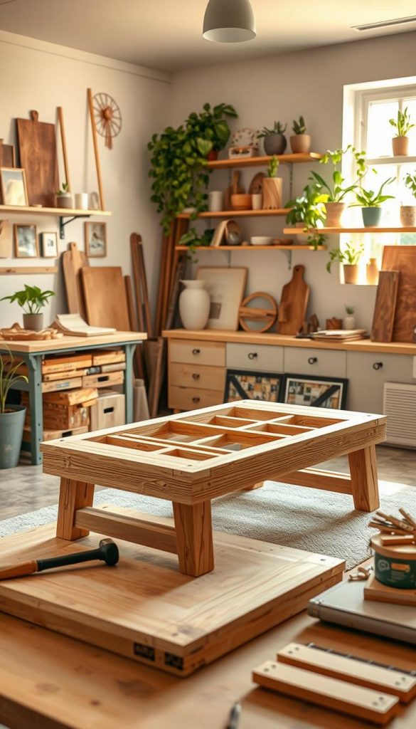 A beautifully arranged DIY workspace featuring a woodwork project for a coffee table, showcasing a step-by-step guide. In the foreground, a stylish, partially assembled wooden coffee table with intricate joinery and tools like a hammer and measuring tape nearby. The middle ground displays a well-organized workbench with various sustainable materials, such as reclaimed wood and eco-friendly finishes, accentuating a Pinterest-inspired aesthetic. The background includes shelves filled with natural decor items and plants, bathed in warm, inviting sunlight filtering through a nearby window, conveying a cozy, creative atmosphere. The scene embodies the brand "KlickKiste," inspiring authentic and sustainable DIY projects for an eco-friendly home.