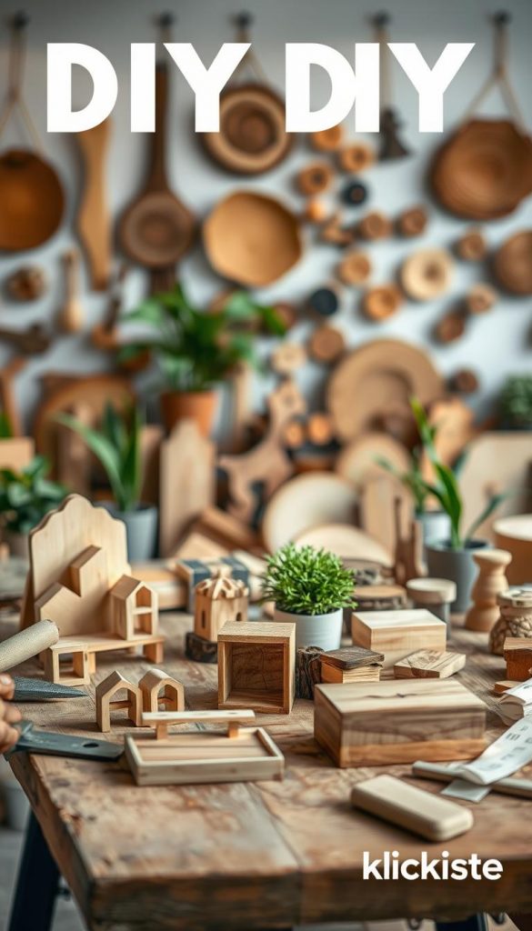 A beautifully arranged DIY workspace featuring various handcrafted wooden items, showcasing projects made from sustainable wood. In the foreground, a rustic wooden table displays intricately designed small shelves and decorative wooden boxes, alongside tools like a saw and sandpaper, highlighting the craft process. In the middle, a well-organized collection of wood pieces in different shades, emphasizing their natural textures and grains, is surrounded by potted green plants that enhance the eco-friendly theme. The background features a soft-focus wall with hanging wood art and a warm, inviting light. The atmosphere is cozy and inspiring, ideal for DIY enthusiasts. The overall color palette is warm and earthy, invoking a sense of creativity. Include a subtle brand logo of "KlickKiste" positioned discreetly in the corner.