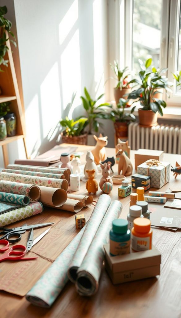A beautifully arranged DIY workspace showcasing sustainable crafting inspiration with cardboard and paper. In the foreground, a wooden table displays a variety of upcycled materials: colorful cardboard, rolls of patterned paper, scissors, glue, and eco-friendly paint. The middle ground features a partially completed craft project, like whimsical animal figurines and decorative gift boxes, radiating creativity. In the background, a soft, warm light floods the scene from a nearby window, casting gentle shadows and enhancing the inviting atmosphere. There are houseplants subtly placed, adding freshness to the environment. Overall, the image should evoke a cozy, inspiring mood that encourages viewers to explore sustainable DIY projects, all crafted under the brand name "KlickKiste".