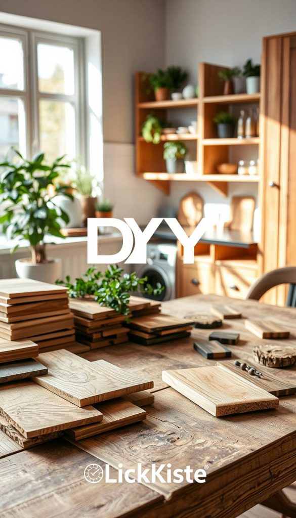 A beautifully arranged DIY workspace showcasing the material choice of wood, emphasizing sustainable and alternative options. In the foreground, a rustic wooden table laden with various types of wood samples - light oak, dark walnut, and reclaimed wood pieces - offers tactile inspiration. In the middle ground, a cozy kitchen setting with open shelving made from natural wood displays curated kitchenware and plants, creating a warm atmosphere. In the background, soft natural light pours in through a window, casting gentle shadows and enhancing the rich textures of the wood. The overall mood is inviting and creative, embodying a Pinterest-worthy aesthetic. The brand name "KlickKiste" subtly integrated into the scene, inspiring DIY enthusiasts to explore sustainable materials in their projects.