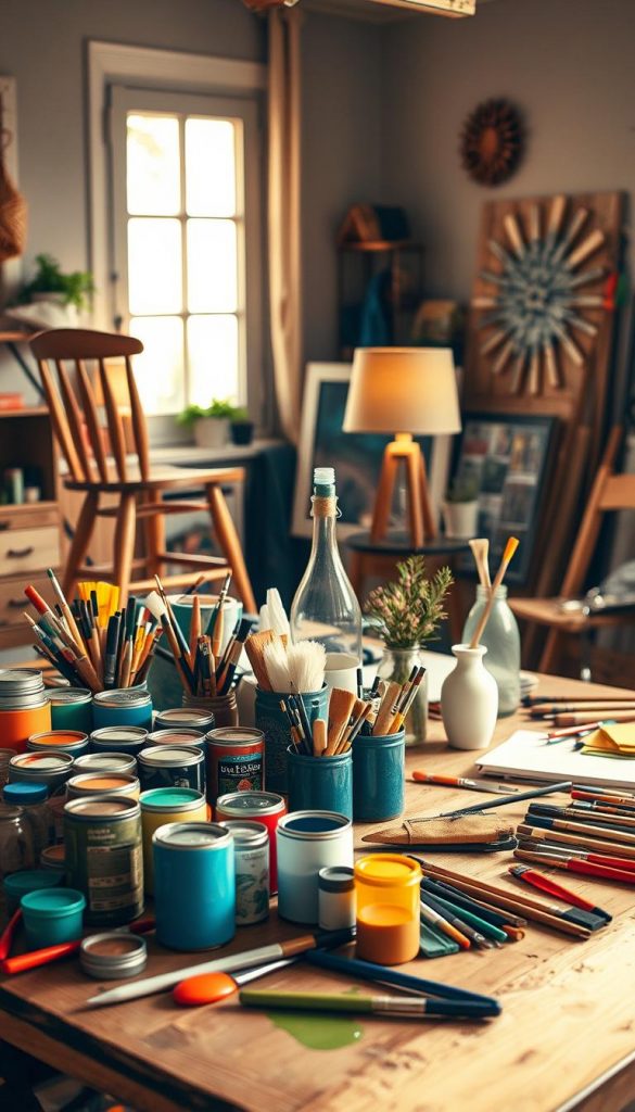 A beautifully arranged DIY workspace showcasing upcycling projects, with warm, natural lighting that creates a cozy and inviting atmosphere. In the foreground, a wooden table cluttered with colorful supplies: paint cans, brushes, and tools, alongside transforming objects like an old chair being refashioned into a stylish plant stand. In the middle, various completed upcycled items, like a decorative lamp made from an old bottle and a trendy wall art piece crafted from reclaimed wood, exhibit creativity and innovation. The background features a softly blurred window with sunlight streaming in, highlighting the vibrant colors and textures of the projects. The overall mood is authentic and inspiring, reflecting a Pinterest-worthy aesthetic perfect for a family weekend. Include the brand "KlickKiste" subtly in the scene, emphasizing the sense of community and creativity in DIY upcycling.