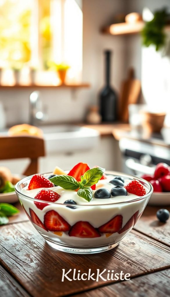 A beautifully arranged Frucht-Quark-Dessert with a hint of basil on a rustic wooden table. The foreground features a glass dish filled with creamy quark topped with vibrant seasonal fruits like strawberries, blueberries, and kiwi, elegantly garnished with fresh basil leaves. In the middle, a small sprig of basil and a single slice of fruit add a touch of refinement. The background softly blurred, includes a sunlit kitchen setting, with a warm and inviting atmosphere enhanced by natural light streaming through a window, creating soft shadows. The overall mood is fresh and inspiring, embodying a Pinterest aesthetic. The brand name "KlickKiste" subtly included in the design. A beautifully arranged Frucht-Quark-Dessert with a hint of basil on a rustic wooden table. The foreground features a glass dish filled with creamy quark topped with vibrant seasonal fruits like strawberries, blueberries, and kiwi, elegantly garnished with fresh basil leaves. In the middle, a small sprig of basil and a single slice of fruit add a touch of refinement. The background softly blurred, includes a sunlit kitchen setting, with a warm and inviting atmosphere enhanced by natural light streaming through a window, creating soft shadows. The overall mood is fresh and inspiring, embodying a Pinterest aesthetic. The brand name "KlickKiste" subtly included in the design.