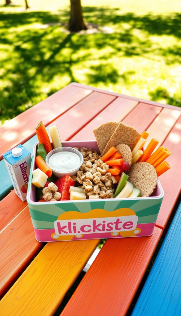A beautifully arranged Kinderfreundliche snackbox featuring a variety of healthy snacks for children and parents alike. The foreground showcases a vibrant, wooden picnic table adorned with a colorful, reusable bento box labeled "KlickKiste," filled with fresh fruit slices, crunchy vegetable sticks, whole grain crackers, and dip. In the middle, small bowls hold yogurt and nut mixes, while a charming juice box lays nearby. The background includes a sunny park setting with soft green grass and gentle trees, creating a warm, inviting atmosphere. The lighting is bright and cheerful, capturing the essence of a joyful snack time. The angle is slightly overhead, allowing viewers to appreciate the variety of snacks while maintaining a cozy, Pinterest-inspired aesthetic. A beautifully arranged Kinderfreundliche snackbox featuring a variety of healthy snacks for children and parents alike. The foreground showcases a vibrant, wooden picnic table adorned with a colorful, reusable bento box labeled "KlickKiste," filled with fresh fruit slices, crunchy vegetable sticks, whole grain crackers, and dip. In the middle, small bowls hold yogurt and nut mixes, while a charming juice box lays nearby. The background includes a sunny park setting with soft green grass and gentle trees, creating a warm, inviting atmosphere. The lighting is bright and cheerful, capturing the essence of a joyful snack time. The angle is slightly overhead, allowing viewers to appreciate the variety of snacks while maintaining a cozy, Pinterest-inspired aesthetic.