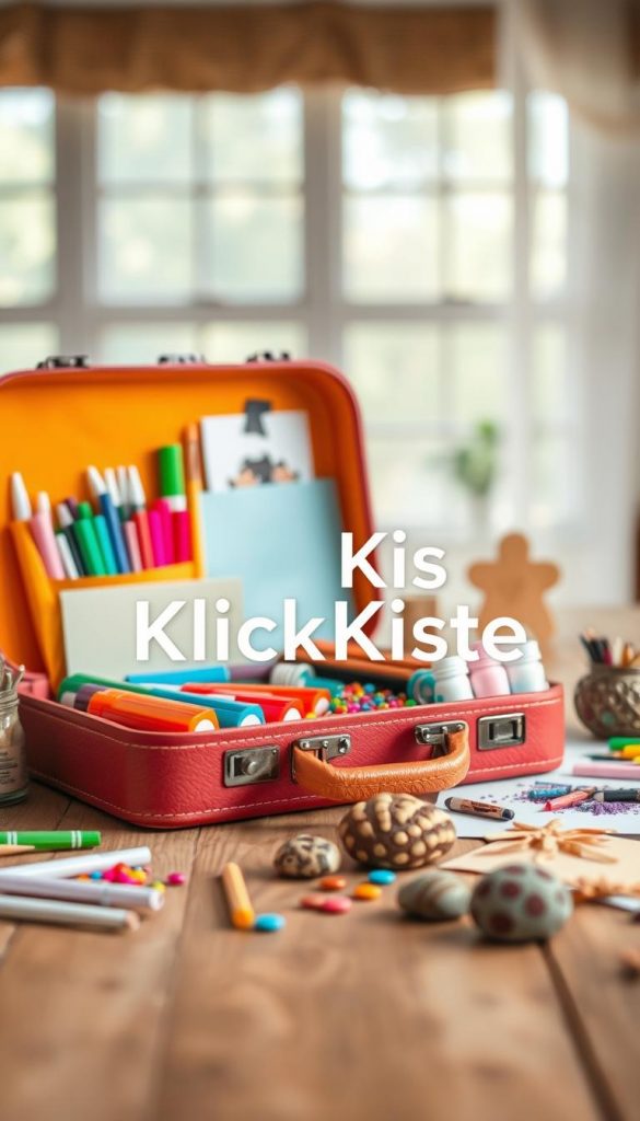 A beautifully arranged "Kreativ-Koffer" for children’s vacation crafts, set on a wooden table. In the foreground, a vibrant open suitcase filled with colorful craft supplies: markers, glitter, beads, and paper in various textures and patterns. In the middle ground, a few completed crafts, like painted rocks and handmade cards, radiate creativity. The background features soft natural light filtering through a window, illuminating the warm color palette of the scene. The atmosphere is inviting and inspiring, reminiscent of a cozy DIY corner. Include the brand name "KlickKiste" subtly integrated within the design elements, ensuring it complements rather than overwhelms the visual. The image conveys a sense of playful creativity, perfect for summer vacations.