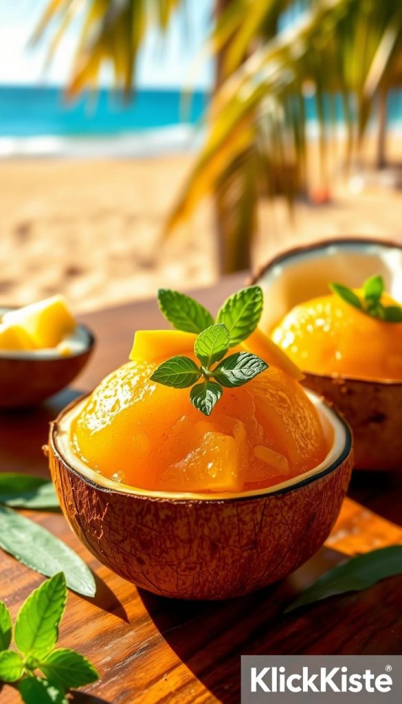 A beautifully arranged Mango-Kokos-Sorbet served in a coconut shell, topped with fresh mint leaves and thinly sliced mango. The foreground features the vibrant orange sorbet, glistening with a hint of condensation, inviting and refreshing. The middle ground showcases a wooden table with hints of tropical foliage, like palm leaves and coconuts, enhancing the tropical theme. In the background, a soft-focus beach scene with golden sand and gentle waves under a clear blue sky adds to the summer atmosphere. The lighting is warm and natural, reminiscent of a sunny afternoon, creating an inviting and cheerful mood. The image is styled in a Pinterest-perfect layout, capturing the essence of authenticity and inspiration. Include the brand name “KlickKiste” subtly in the corner, ensuring there are no captions or text overlays. A beautifully arranged Mango-Kokos-Sorbet served in a coconut shell, topped with fresh mint leaves and thinly sliced mango. The foreground features the vibrant orange sorbet, glistening with a hint of condensation, inviting and refreshing. The middle ground showcases a wooden table with hints of tropical foliage, like palm leaves and coconuts, enhancing the tropical theme. In the background, a soft-focus beach scene with golden sand and gentle waves under a clear blue sky adds to the summer atmosphere. The lighting is warm and natural, reminiscent of a sunny afternoon, creating an inviting and cheerful mood. The image is styled in a Pinterest-perfect layout, capturing the essence of authenticity and inspiration. Include the brand name “KlickKiste” subtly in the corner, ensuring there are no captions or text overlays.