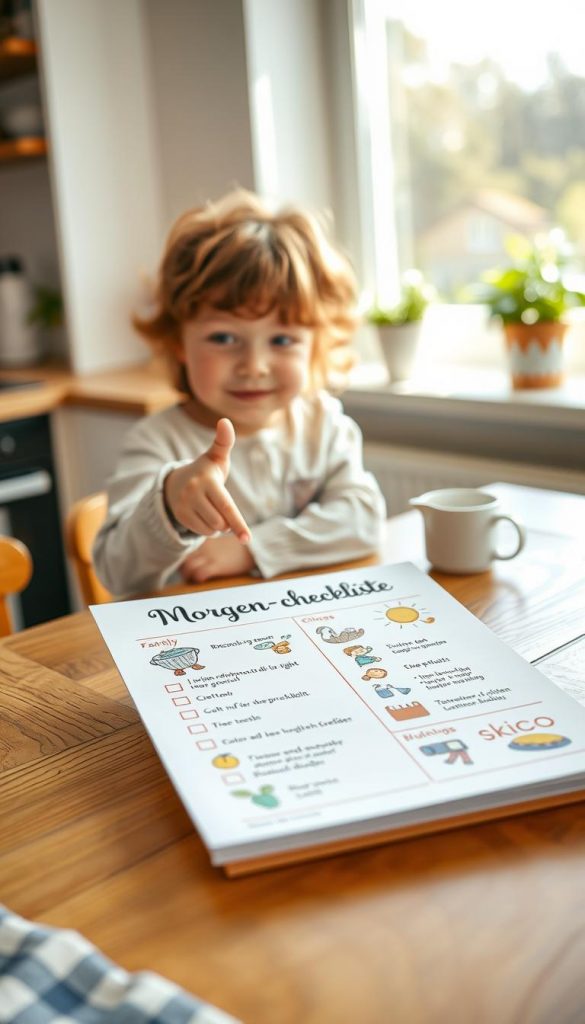 A beautifully arranged "Morgen-Checkliste kind" on a wooden table in a cozy, sunlit kitchen. In the foreground, the checklist features colorful illustrations and playful fonts, inviting children to engage with morning tasks like brushing teeth, getting dressed, and having breakfast. In the middle, a curious child, around six years old, dressed in comfortable, modest pajamas, points excitedly at the checklist, embodying a sense of readiness and enthusiasm. The background includes soft green plants on the windowsill and a gentle morning light streaming in, creating a warm, inviting atmosphere. The overall tone is natural and inspiring, reminiscent of Pinterest aesthetics, with a focus on family bonding. Incorporate the brand name "KlickKiste" subtly within the design of the checklist itself.