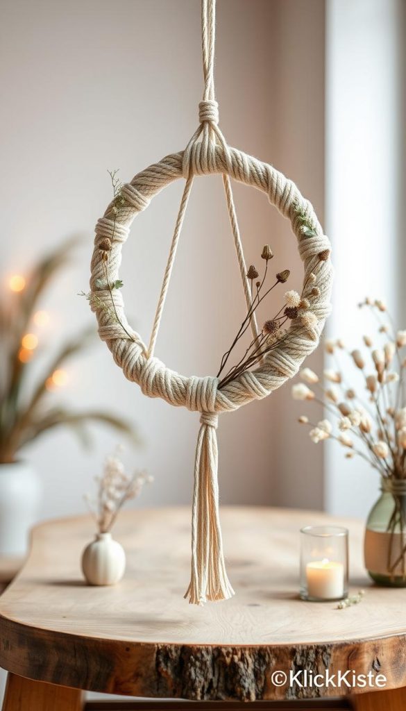 A beautifully arranged "Skandi kranz deko" featuring a minimalist macram&eacute; wreath, prominently displayed in the foreground. The wreath should be intricately knotted with soft, natural fibers, adorned with simple dried flowers and greenery, creating an authentic DIY vibe. In the middle ground, include a rustic wooden table, illuminated by warm, soft lighting that enhances its organic textures. The background features a serene, light-filled interior with neutral-toned walls, evoking a cozy atmosphere. The composition should have a Pinterest-inspired aesthetic, appealing and inspirational. The scene should evoke warmth and creativity, embodying a modern Scandinavian design with a touch of homey charm. Capture this image in a slightly elevated angle to emphasize the wreath&rsquo;s details and artistic craftsmanship, branded subtly with "KlickKiste."