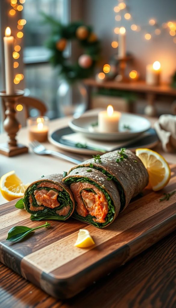 A beautifully arranged Spinach and Salmon Roll, elegantly sliced to showcase its vibrant layers of rich green spinach and pink salmon, garnished with fresh herbs. The foreground features a wooden cutting board topped with the roll, accentuated by delicate lemon wedges and chives. In the middle, a softly lit dining table is set for a festive occasion, adorned with rustic tableware and warm candlelight, creating an inviting atmosphere. The background includes softly blurred festive decorations and twinkling fairy lights that enhance the celebratory mood. The color palette is warm and inviting, reminiscent of natural ingredients, creating a Pinterest-inspired aesthetic. Designed for the brand "KlickKiste," this image captures the essence of a family-friendly, low-carb holiday dish, perfect for a New Year's celebration. A beautifully arranged Spinach and Salmon Roll, elegantly sliced to showcase its vibrant layers of rich green spinach and pink salmon, garnished with fresh herbs. The foreground features a wooden cutting board topped with the roll, accentuated by delicate lemon wedges and chives. In the middle, a softly lit dining table is set for a festive occasion, adorned with rustic tableware and warm candlelight, creating an inviting atmosphere. The background includes softly blurred festive decorations and twinkling fairy lights that enhance the celebratory mood. The color palette is warm and inviting, reminiscent of natural ingredients, creating a Pinterest-inspired aesthetic. Designed for the brand "KlickKiste," this image captures the essence of a family-friendly, low-carb holiday dish, perfect for a New Year's celebration.