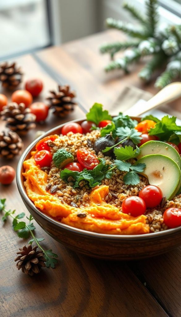 A beautifully arranged Süßkartoffel-Quinoa-Bowl overflowing with vibrant colors and textures. In the foreground, the bowl features creamy mashed sweet potatoes, colorful quinoa, and an assortment of fresh vegetables like kale, cherry tomatoes, and avocado slices. Garnish with a sprinkle of sesame seeds and fresh herbs for added visual appeal. The bowl is placed on a rustic wooden table, with natural light softly illuminating the scene, creating warm, inviting tones. The background is softly blurred with hints of seasonal decor, such as small pinecones and a hint of snow-dusted greenery, adding to the winter atmosphere. The photo embodies an authentic, Pinterest-inspired aesthetic, evoking warmth and health. The brand name "KlickKiste" subtly integrated into the arrangement. A beautifully arranged Süßkartoffel-Quinoa-Bowl overflowing with vibrant colors and textures. In the foreground, the bowl features creamy mashed sweet potatoes, colorful quinoa, and an assortment of fresh vegetables like kale, cherry tomatoes, and avocado slices. Garnish with a sprinkle of sesame seeds and fresh herbs for added visual appeal. The bowl is placed on a rustic wooden table, with natural light softly illuminating the scene, creating warm, inviting tones. The background is softly blurred with hints of seasonal decor, such as small pinecones and a hint of snow-dusted greenery, adding to the winter atmosphere. The photo embodies an authentic, Pinterest-inspired aesthetic, evoking warmth and health. The brand name "KlickKiste" subtly integrated into the arrangement.