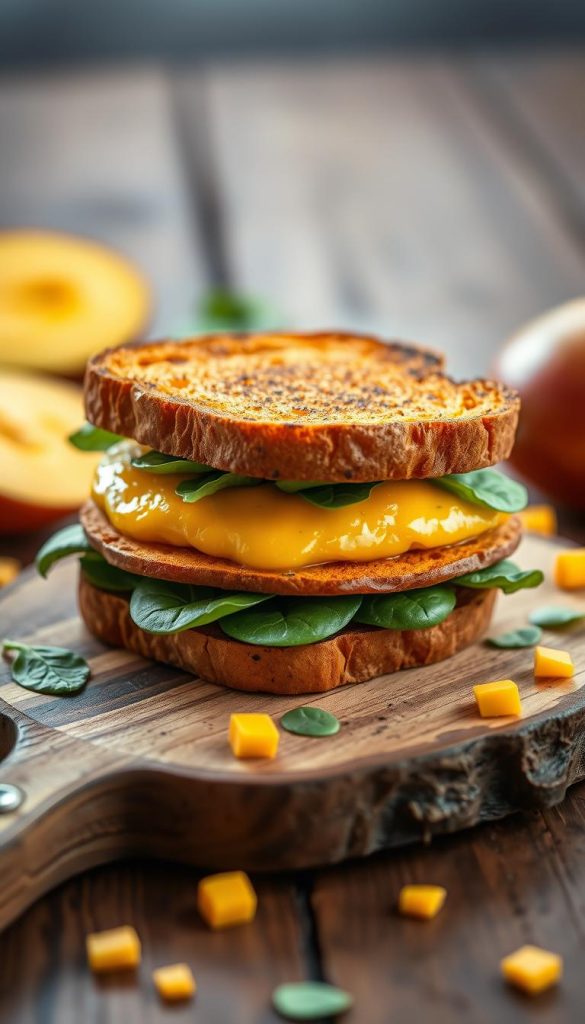 A beautifully arranged Süßkartoffel Sandwich featuring layers of roasted sweet potato, vibrant mango mayo, and fresh baby spinach. The sandwich is artfully placed on a rustic wooden board, with soft, warm natural lighting highlighting its creamy textures and bright colors. In the background, scattered ingredients like slices of ripe mango and small leaves of spinach suggest freshness and healthiness. A shallow depth of field focuses on the sandwich while softly blurring the background, creating an inviting atmosphere. The overall mood is warm and inspiring, reminiscent of a cozy summer picnic. This image should evoke a sense of authenticity and be styled with a Pinterest aesthetic, fitting for the brand KlickKiste. A beautifully arranged Süßkartoffel Sandwich featuring layers of roasted sweet potato, vibrant mango mayo, and fresh baby spinach. The sandwich is artfully placed on a rustic wooden board, with soft, warm natural lighting highlighting its creamy textures and bright colors. In the background, scattered ingredients like slices of ripe mango and small leaves of spinach suggest freshness and healthiness. A shallow depth of field focuses on the sandwich while softly blurring the background, creating an inviting atmosphere. The overall mood is warm and inspiring, reminiscent of a cozy summer picnic. This image should evoke a sense of authenticity and be styled with a Pinterest aesthetic, fitting for the brand KlickKiste.