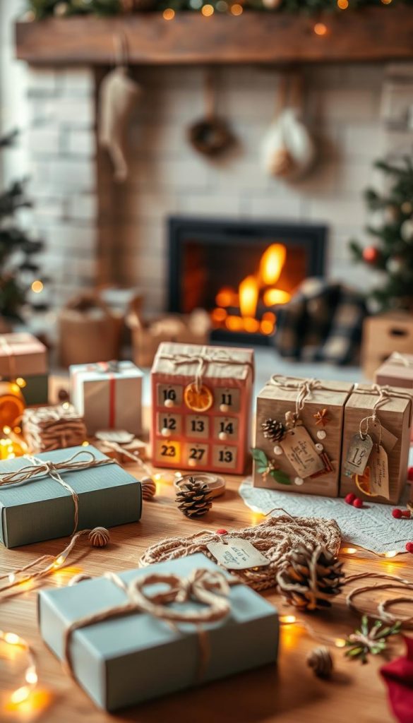 A beautifully arranged advent calendar crafting scene showcasing a variety of DIY materials, such as colorful DIY boxes, natural twine, and festive embellishments, inspired by the brand "KlickKiste." In the foreground, a neatly organized workspace features warm tones, with soft glowing fairy lights illuminating the materials. The middle ground highlights several completed advent calendars, each uniquely decorated with natural elements like pine cones, dried orange slices, and handmade tags. In the background, a cozy, inviting atmosphere is created by a softly blurred fireplace, casting a gentle glow. The overall mood is warm, inspiring, and creatively playful, reflecting the idea of mixing different ideas and creative variations for advent calendars. The image is captured with a shallow depth of field for a professional aesthetic.