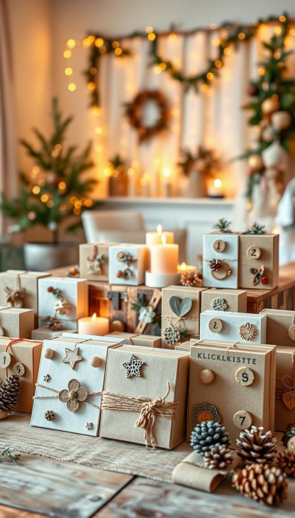 A beautifully arranged advent calendar inspired by modern, natural, Boho, and Scandinavian styles. In the foreground, showcase an assortment of DIY advent calendar boxes made from eco-friendly materials, each one uniquely decorated with warm, earthy tones and charming embellishments like twine, dried flowers, and pinecones. In the middle, a cozy, rustic wooden table holds the calendars, surrounded by warm candlelight casting a gentle glow. The background features a softly blurred, airy room adorned with festive greenery and delicate fairy lights, enhancing the inviting atmosphere. The scene embodies a warm, inspiring Pinterest aesthetic perfect for holiday creativity, branded with "KlickKiste" subtly integrated into the decor. The overall mood is warm and inviting, evoking the spirit of anticipation during the holiday season.