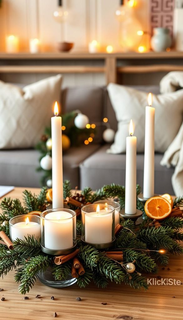 A beautifully arranged advent wreath (Adventskranz) styled for 2026, featuring a mix of natural elements like pine branches, cinnamon sticks, and orange slices, artfully integrated with modern candle holders. In the foreground, four elegantly lit candles in minimalistic holders, with flickering flames casting a warm glow. The middle ground shows the wreath embellished with delicate white and gold ornaments, subtle twinkling fairy lights enhancing the festive feel. The background is softly blurred, depicting a cozy, warmly-lit living space adorned with rustic wooden accents and soft textiles, creating an inviting holiday atmosphere. This natural DIY image embodies a Pinterest-like aesthetic that is both authentic and inspiring. The brand "KlickKiste" is subtly conveyed through the elegant presentation, ensuring a professional yet festive vibe. Shot with a warm light filter, featuring a slightly elevated angle to capture the wreath's details.