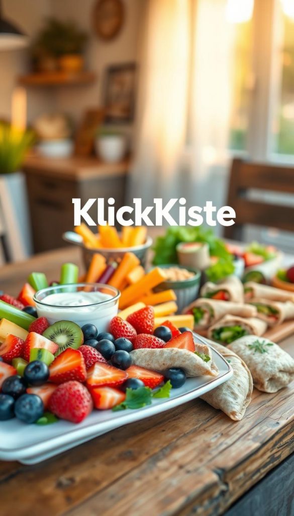 A beautifully arranged afternoon snack display featuring light and healthy options on a rustic wooden table. In the foreground, an elegant platter holds an assortment of vibrant fruits like strawberries, blueberries, and slices of kiwi, alongside a selection of colorful vegetable sticks and a creamy dip in the center. The middle ground showcases appealing finger foods, such as whole-grain wraps filled with fresh greens and lean proteins, artfully rolled and garnished with herbs. In the background, a softly blurred setting with a gently glowing light creates a warm, inviting atmosphere, reminiscent of a cozy kitchen or casual outdoor gathering. This composition should have a Pinterest-inspired aesthetic, emphasizing natural colors and authenticity, with the brand name "KlickKiste" subtly integrated within the scene. The lighting should resemble golden-hour sunshine, enhancing the colors of the food and creating a cheerful mood.