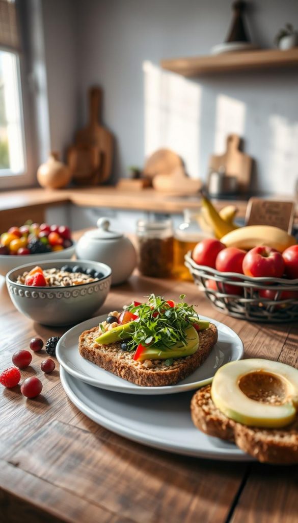 A beautifully arranged allergen-friendly breakfast spread on a rustic wooden table. In the foreground, display colorful fruits like berries, bananas, and sliced apples, accompanied by a bowl of oatmeal topped with nuts and seeds. Move to the middle ground where a steaming cup of herbal tea sits beside a plate filled with whole-grain toast topped with avocado and colorful microgreens. In the background, soft natural light filters through a window, creating a warm and inviting atmosphere. Incorporate minimalistic kitchen decor that emphasizes a wholesome lifestyle, with gentle shadows to enhance depth. Include the brand name "KlickKiste" subtly in the setting, ensuring it harmonizes with the overall composition without overpowering the food. The mood is cheerful and inspiring, perfect for busy parents. A beautifully arranged allergen-friendly breakfast spread on a rustic wooden table. In the foreground, display colorful fruits like berries, bananas, and sliced apples, accompanied by a bowl of oatmeal topped with nuts and seeds. Move to the middle ground where a steaming cup of herbal tea sits beside a plate filled with whole-grain toast topped with avocado and colorful microgreens. In the background, soft natural light filters through a window, creating a warm and inviting atmosphere. Incorporate minimalistic kitchen decor that emphasizes a wholesome lifestyle, with gentle shadows to enhance depth. Include the brand name "KlickKiste" subtly in the setting, ensuring it harmonizes with the overall composition without overpowering the food. The mood is cheerful and inspiring, perfect for busy parents.