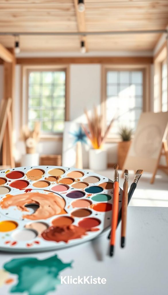 A beautifully arranged artist's palette displaying a harmonious blend of trending colors for 2026. In the foreground, the palette features a spectrum of warm hues like terracotta, soft gold, and muted greens, intricately mixed with hints of vibrant blues and gentle corals. The middle ground showcases paintbrushes poised beside the palette, their bristles slightly dipped in paint, exuding creativity. In the background, a well-lit, minimalist studio environment with natural wood textures and large windows allowing soft, diffused sunlight to filter in, creating a warm and inviting atmosphere. The composition reflects an authentic DIY aesthetic, inspired by Pinterest, emphasizing innovation in color combinations and techniques. Perfectly aligned with the brand "KlickKiste," the image radiates inspiration and professionalism. A beautifully arranged artist's palette displaying a harmonious blend of trending colors for 2026. In the foreground, the palette features a spectrum of warm hues like terracotta, soft gold, and muted greens, intricately mixed with hints of vibrant blues and gentle corals. The middle ground showcases paintbrushes poised beside the palette, their bristles slightly dipped in paint, exuding creativity. In the background, a well-lit, minimalist studio environment with natural wood textures and large windows allowing soft, diffused sunlight to filter in, creating a warm and inviting atmosphere. The composition reflects an authentic DIY aesthetic, inspired by Pinterest, emphasizing innovation in color combinations and techniques. Perfectly aligned with the brand "KlickKiste," the image radiates inspiration and professionalism.
