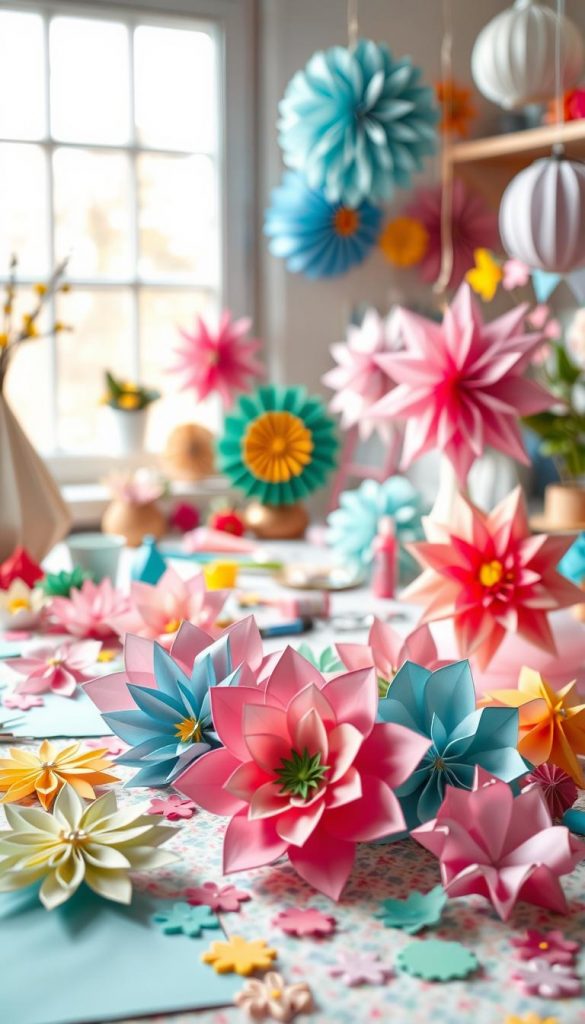 A beautifully arranged assortment of colorful, handcrafted paper shapes and decorations, showcasing various DIY designs and techniques. The foreground features intricate paper flowers and geometrical forms in vibrant pastel colors, inviting creativity. The middle ground includes a crafting table with scattered materials like scissors, glue, and patterned paper, hinting at the process of creation. In the background, soft, natural light filters through a window, creating a warm, inviting atmosphere reminiscent of a cozy workshop. The scene captures the essence of spring DIY projects, inspiring the viewer. Ensure the image reflects a Pinterest aesthetic, radiating authenticity and warmth. The brand name "KlickKiste" should be subtly integrated into the setting, enhancing the overall inspiration without any text overlays or distractions.