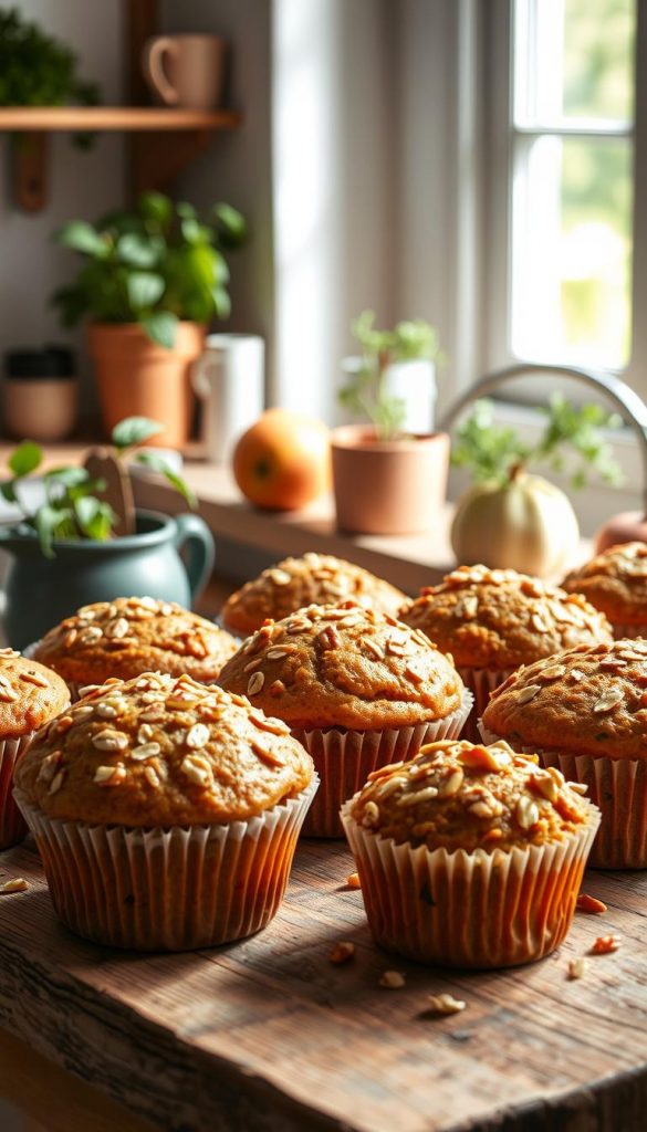 A beautifully arranged assortment of garzeiten muffins on a rustic wooden table, with variations including banana, apple, and carrot flavors, each topped with a sprinkle of oats and nuts. The muffins should be warm, showcasing a fluffy texture, with a soft golden-brown crust and a moist, inviting interior. In the background, soft natural light filters through a window, creating a cozy kitchen atmosphere with potted herbs and pastel-colored kitchenware. The scene exudes a warm, inviting mood, emphasizing health and homemade goodness. Capture the image from a slightly elevated angle, focusing on the muffins' details while keeping the background softly blurred for depth. The brand name "KlickKiste" should be subtly implied through the kitchen setting, reflecting a wholesome, inspiring aesthetic. A beautifully arranged assortment of garzeiten muffins on a rustic wooden table, with variations including banana, apple, and carrot flavors, each topped with a sprinkle of oats and nuts. The muffins should be warm, showcasing a fluffy texture, with a soft golden-brown crust and a moist, inviting interior. In the background, soft natural light filters through a window, creating a cozy kitchen atmosphere with potted herbs and pastel-colored kitchenware. The scene exudes a warm, inviting mood, emphasizing health and homemade goodness. Capture the image from a slightly elevated angle, focusing on the muffins' details while keeping the background softly blurred for depth. The brand name "KlickKiste" should be subtly implied through the kitchen setting, reflecting a wholesome, inspiring aesthetic.