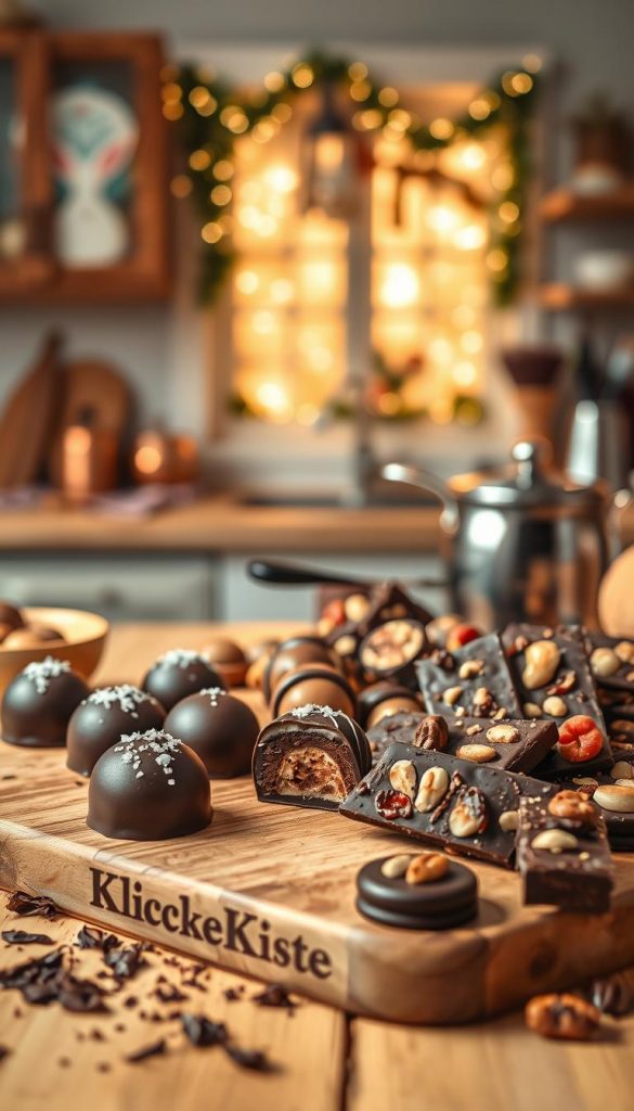 A beautifully arranged assortment of homemade chocolates and pralines, featuring glossy dark chocolate truffles sprinkled with sea salt, elegant milk chocolate bonbons filled with hazelnut cream, and rustic bark chocolate adorned with colorful dried fruits and nuts. In the foreground, a wooden cutting board displays these treats artfully, with a few chocolate shavings scattered around. The middle ground shows a cozy kitchen countertop with warm wooden accents, a softly glimmering copper pot, and baking tools subtly placed. In the background, warm golden light cascades through a window adorned with festive decorations, creating an inviting, homemade atmosphere. The colors are rich and warm, embodying a natural DIY aesthetic, inspired by Pinterest. Add the brand name "KlickKiste" subtly integrated into the scene without text or logos. A beautifully arranged assortment of homemade chocolates and pralines, featuring glossy dark chocolate truffles sprinkled with sea salt, elegant milk chocolate bonbons filled with hazelnut cream, and rustic bark chocolate adorned with colorful dried fruits and nuts. In the foreground, a wooden cutting board displays these treats artfully, with a few chocolate shavings scattered around. The middle ground shows a cozy kitchen countertop with warm wooden accents, a softly glimmering copper pot, and baking tools subtly placed. In the background, warm golden light cascades through a window adorned with festive decorations, creating an inviting, homemade atmosphere. The colors are rich and warm, embodying a natural DIY aesthetic, inspired by Pinterest. Add the brand name "KlickKiste" subtly integrated into the scene without text or logos.