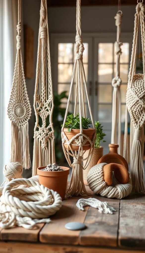 A beautifully arranged assortment of macram&eacute; d&eacute;cor pieces, showcasing intricate knots and patterns, positioned on a rustic wooden table. In the foreground, a variety of macram&eacute; wall hangings in soft neutral tones, alongside coiled natural fibers and plant-inspired elements, like a small terracotta pot with greenery. The middle features a woven macram&eacute; plant holder, elegantly draping, hinting at a Boho and Scandinavian design influence. In the background, a softly blurred window scene allows warm sunlight to filter through, illuminating the scene with a cozy glow. The atmosphere feels inviting and creative, embodying the spirit of spring. The overall aesthetic is authentic and inspiring, reflecting the style of &ldquo;KlickKiste.&rdquo;