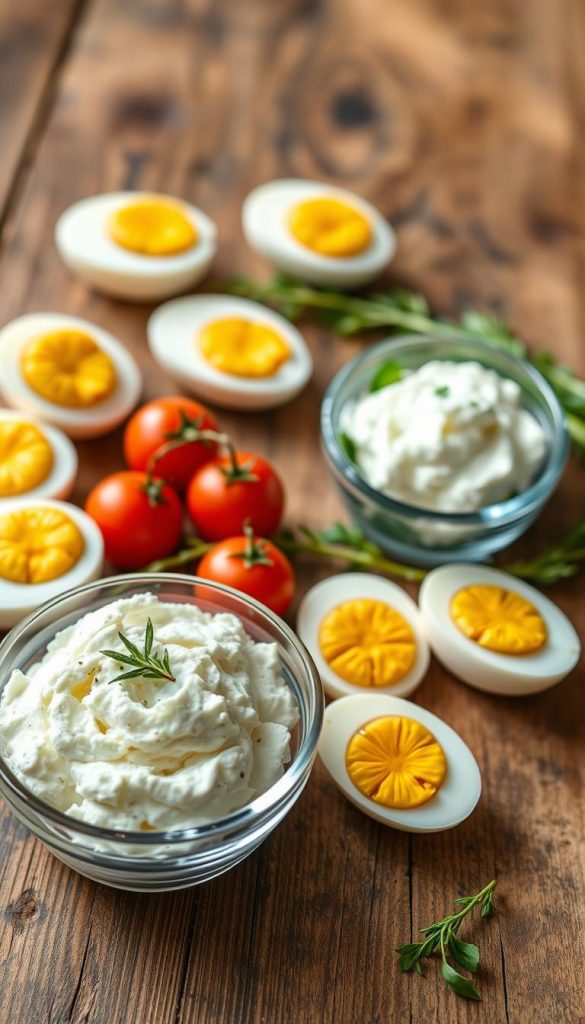A beautifully arranged assortment of quick protein snacks featuring boiled eggs and fresh cottage cheese, set on a rustic wooden table. In the foreground, a clear glass bowl holds fluffy cottage cheese topped with a sprinkle of herbs, while half-cut boiled eggs rest nearby, their creamy yolks glistening. In the middle ground, complemented by vibrant cherry tomatoes and crisp cucumber slices, the scene is vivid, showcasing a healthy snack option. The background features soft, natural lighting that creates a warm, inviting atmosphere, evoking a cozy afternoon vibe. Capture this image with a slight overhead angle, enhancing the Pinterest-worthy aesthetic, perfect for inspiration. This luxurious food arrangement is presented in the style of KlickKiste.