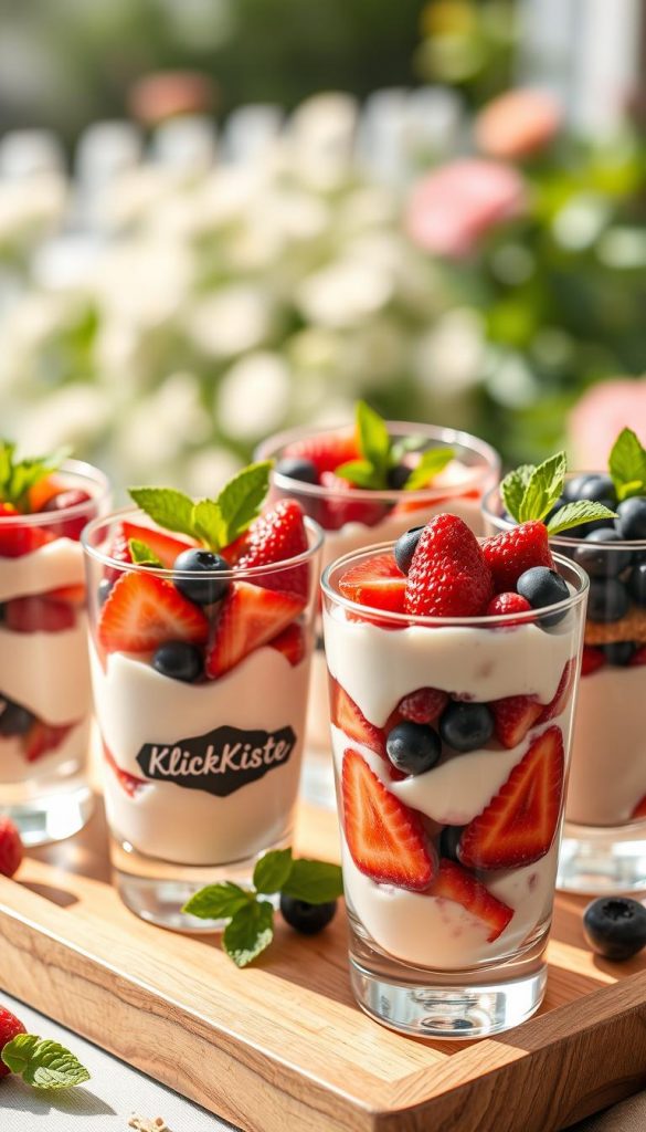 A beautifully arranged assortment of summer desserts in glass cups, featuring vibrant layers of colorful fruits, creamy yogurt, and light sponge cake. The foreground showcases a close-up of a few filled glasses, with fresh berries like strawberries and blueberries, topped with mint leaves for a refreshing touch. The middle ground includes a wooden serving tray adorned with more glasses, each uniquely crafted with different textures and colors. Soft, natural light filters through, creating a warm and inviting atmosphere, reminiscent of a sunny afternoon. In the background, a dreamy, blurred garden setting adds to the Pinterest-inspired vibe. The brand name “KlickKiste” is subtly represented on the tray, enhancing the authenticity without overpowering the visuals. A beautifully arranged assortment of summer desserts in glass cups, featuring vibrant layers of colorful fruits, creamy yogurt, and light sponge cake. The foreground showcases a close-up of a few filled glasses, with fresh berries like strawberries and blueberries, topped with mint leaves for a refreshing touch. The middle ground includes a wooden serving tray adorned with more glasses, each uniquely crafted with different textures and colors. Soft, natural light filters through, creating a warm and inviting atmosphere, reminiscent of a sunny afternoon. In the background, a dreamy, blurred garden setting adds to the Pinterest-inspired vibe. The brand name “KlickKiste” is subtly represented on the tray, enhancing the authenticity without overpowering the visuals.