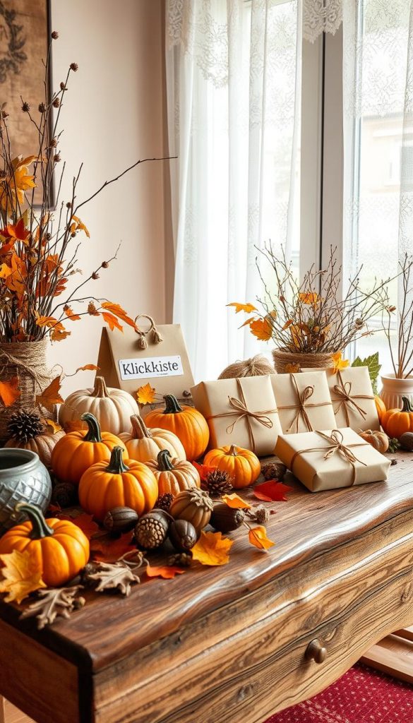 A beautifully arranged autumn decoration display featuring a variety of handcrafted decor items that embody the "sofort lieferbar" theme. In the foreground, a rustic wooden table adorned with warm-toned pumpkins, acorns, and dried leaves, creating an inviting seasonal feel. The middle ground showcases elegantly designed packages from "KlickKiste," emphasizing the availability of products, beautifully wrapped with twine and natural accents. In the background, soft, diffused daylight filters through a window adorned with gentle lace curtains, casting a warm glow over the scene. The overall atmosphere is cozy and inspiring, evoking a Pinterest-worthy aesthetic with a harmonious blend of natural elements and inviting colors. Capture this scene with a slightly elevated angle to enhance depth while maintaining focus on the enchanting details. A beautifully arranged autumn decoration display featuring a variety of handcrafted decor items that embody the "sofort lieferbar" theme. In the foreground, a rustic wooden table adorned with warm-toned pumpkins, acorns, and dried leaves, creating an inviting seasonal feel. The middle ground showcases elegantly designed packages from "KlickKiste," emphasizing the availability of products, beautifully wrapped with twine and natural accents. In the background, soft, diffused daylight filters through a window adorned with gentle lace curtains, casting a warm glow over the scene. The overall atmosphere is cozy and inspiring, evoking a Pinterest-worthy aesthetic with a harmonious blend of natural elements and inviting colors. Capture this scene with a slightly elevated angle to enhance depth while maintaining focus on the enchanting details.