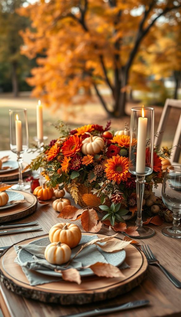 A beautifully arranged autumn dining table featuring a stylish mix of decor elements that embody the essence of "Stil-Mix Saison Herbst." In the foreground, rustic wooden plates are adorned with warm-toned leaves, small pumpkins, and elegant glass candle holders, casting a soft golden glow. In the middle, a vibrant centerpiece comprises an eclectic blend of seasonal flowers in shades of orange, red, and deep green, interspersed with decorative gourds. In the background, a softly blurred autumn landscape with trees showcasing their colorful foliage creates a cozy atmosphere. The lighting is warm and inviting, reminiscent of a late afternoon sun. The image captures the authentic Pinterest-inspired essence of KlickKiste, evoking feelings of warmth and seasonal celebration.