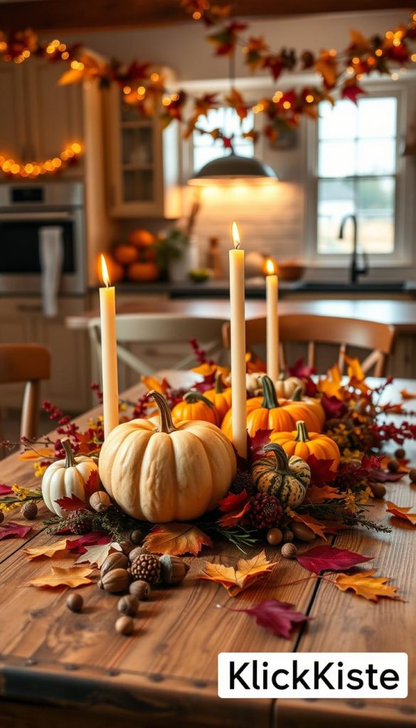 A beautifully arranged autumn dining table setting, featuring rich warm colors of orange, burgundy, and deep golds. Foreground: a rustic wooden table with a vibrant centerpiece of assorted pumpkins and gourds, surrounded by elegant candles flickering softly. Middle: assorted natural elements like acorns and colorful fall leaves scattered across the table. Background: a softly lit kitchen space with hints of autumn decorations, such as garlands made of dried leaves and berries. The warm ambient lighting creates a cozy, inviting atmosphere, ideal for gatherings. Capture this scene in a wide-angle shot, showcasing the depth and arrangement of the decor. The image should convey an authentic DIY aesthetic, reflecting the brand "KlickKiste", emphasizing seasonal simplicity and inspiration.