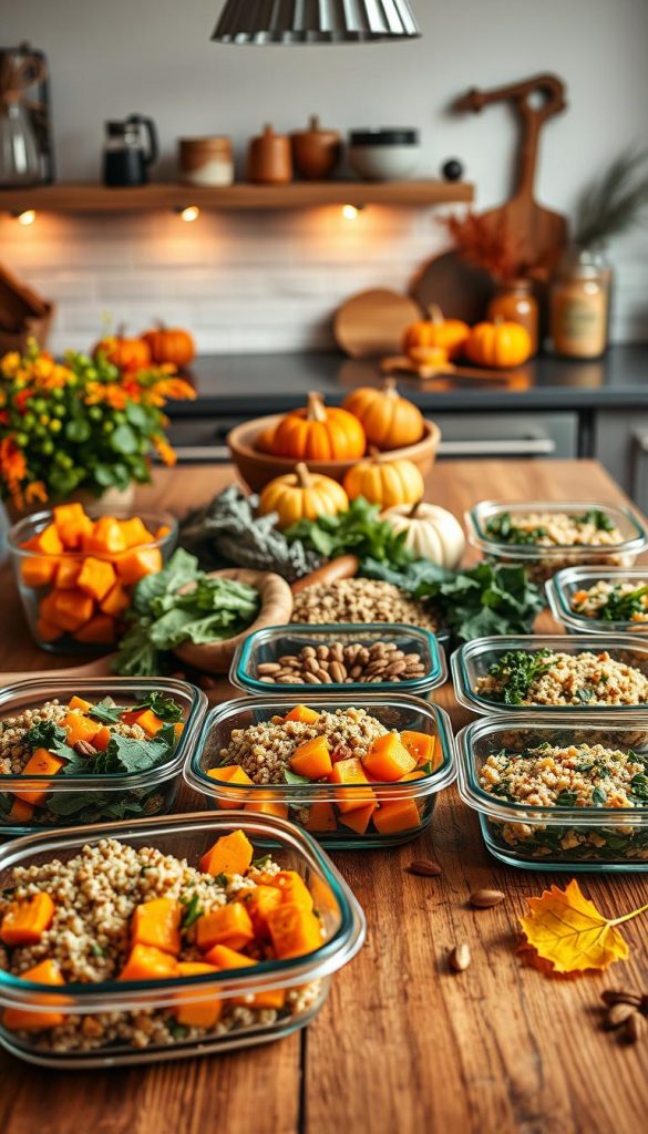 A beautifully arranged autumn meal prep scene featuring a wooden table laden with vibrant, seasonal ingredients. In the foreground, glass meal prep containers showcase colorful, healthy dishes like roasted butternut squash, quinoa salad, and kale. In the middle, a collection of fresh herbs, nuts, and spices adds texture and depth. The background features a softly lit kitchen, with warm, ambient lighting highlighting the rich, earthy tones of fall. A cozy atmosphere is evoked with touches of rustic decor, such as pumpkins and dried leaves, enhancing the overall feel of autumn. The composition is styled to embody an authentic, Pinterest-worthy look, reflecting a balance of health and comfort in the fall season. Incorporate the brand name "KlickKiste" subtly within the scene. A beautifully arranged autumn meal prep scene featuring a wooden table laden with vibrant, seasonal ingredients. In the foreground, glass meal prep containers showcase colorful, healthy dishes like roasted butternut squash, quinoa salad, and kale. In the middle, a collection of fresh herbs, nuts, and spices adds texture and depth. The background features a softly lit kitchen, with warm, ambient lighting highlighting the rich, earthy tones of fall. A cozy atmosphere is evoked with touches of rustic decor, such as pumpkins and dried leaves, enhancing the overall feel of autumn. The composition is styled to embody an authentic, Pinterest-worthy look, reflecting a balance of health and comfort in the fall season. Incorporate the brand name "KlickKiste" subtly within the scene.