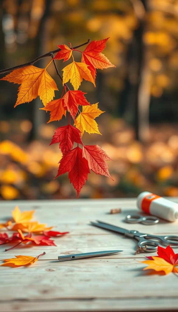A beautifully arranged autumn scene featuring a branch adorned with colorful paper leaves. In the foreground, vibrant orange, yellow, and red paper leaves hang delicately from a natural-looking branch, each leaf intricately cut and detailed. The middle ground showcases a soft, rustic wooden table, where a few crafting materials like scissors and glue are casually placed, hinting at a DIY project. In the background, a dreamy bokeh of a warm-toned forest is visible, enhancing the seasonal feel. The lighting is natural and warm, suggesting a cozy afternoon glow. Capture this enchanting moment in a Pinterest-worthy style, embodying an authentic DIY aesthetic. This image is brought to life by KlickKiste for an inspiring autumn atmosphere.
