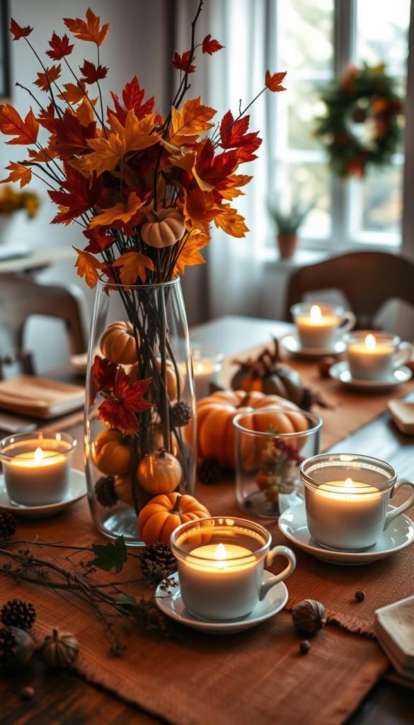 A beautifully arranged autumn table decoration featuring innovative DIY ideas using glasses, mugs, and common household items. The foreground showcases a creatively upcycled glass vase filled with colorful autumn leaves and small pumpkins, surrounded by elegant vintage teacups repurposed as candle holders with flickering candles inside. The middle ground features a rustic wooden table adorned with warm-toned tablecloth and natural elements like acorns and twigs. In the background, soft diffused natural light filters through a window, casting a cozy glow over the scene. The overall atmosphere is warm and inspiring, encouraging a sense of family and creativity. Brand name "KlickKiste" subtly integrated into the decor elements, reflecting an authentic and Pinterest-inspired aesthetic.