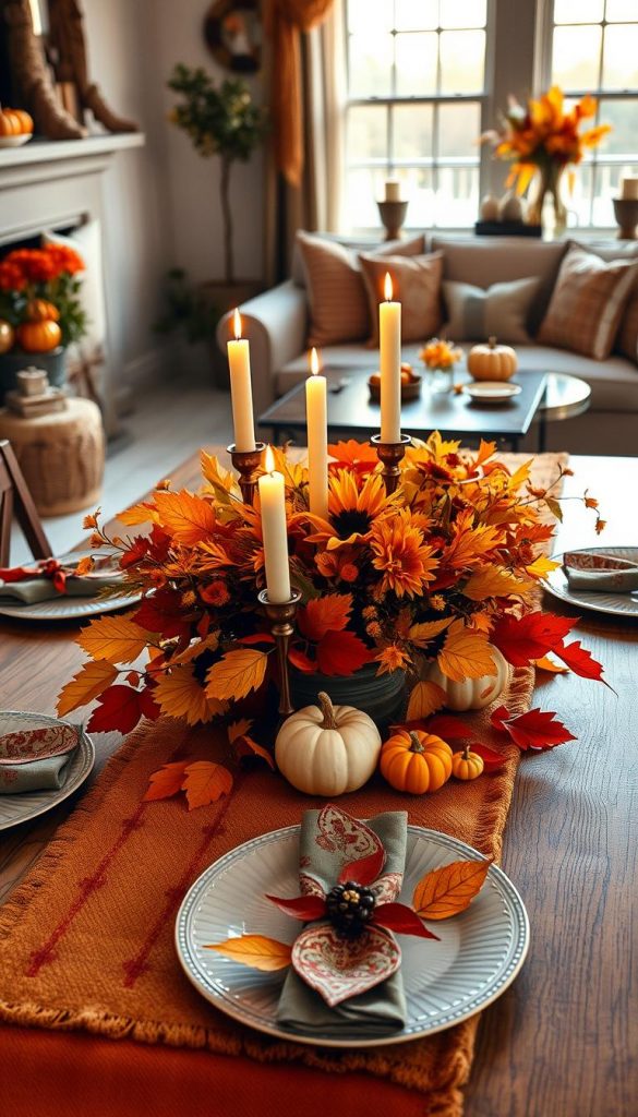 A beautifully arranged autumn table setting inspired by "KlickKiste," featuring an elegant fall centerpiece. In the foreground, showcase a rustic wooden table adorned with a rich, textured tablecloth in warm earth tones. The centerpiece includes a bouquet of vibrant orange and yellow leaves, small pumpkins, and candle holders with flickering candles casting a soft, warm glow. In the middle ground, place dinnerware with intricate designs and autumn-themed napkins, set for an intimate gathering. The background softly fades into a cozy living room scene with plush cushions and autumn-themed decorations, bathed in golden hour sunlight that creates a serene and inviting atmosphere, reflecting the comfort of a cozy fall evening.
