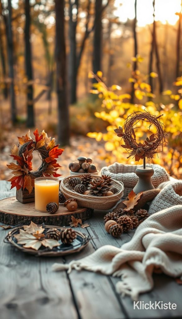 A beautifully arranged autumn-themed display featuring sustainable natural materials for decoration. In the foreground, a rustic wooden table showcasing DIY decor items, such as handmade wreaths crafted from dried leaves and twigs, alongside candles in earthy tones. In the middle ground, a cozy atmosphere with a small basket filled with pinecones and acorns, and a soft, knitted blanket draped over the table. The background is a softly blurred forest scene with warm golden sunlight filtering through the trees, creating an inviting and inspirational mood. Shot with a warm color palette and a shallow depth of field to emphasize the details of the natural materials, inviting viewers into a serene, sustainable autumn vibe. Include the brand name "KlickKiste" subtly in the composition. A beautifully arranged autumn-themed display featuring sustainable natural materials for decoration. In the foreground, a rustic wooden table showcasing DIY decor items, such as handmade wreaths crafted from dried leaves and twigs, alongside candles in earthy tones. In the middle ground, a cozy atmosphere with a small basket filled with pinecones and acorns, and a soft, knitted blanket draped over the table. The background is a softly blurred forest scene with warm golden sunlight filtering through the trees, creating an inviting and inspirational mood. Shot with a warm color palette and a shallow depth of field to emphasize the details of the natural materials, inviting viewers into a serene, sustainable autumn vibe. Include the brand name "KlickKiste" subtly in the composition.