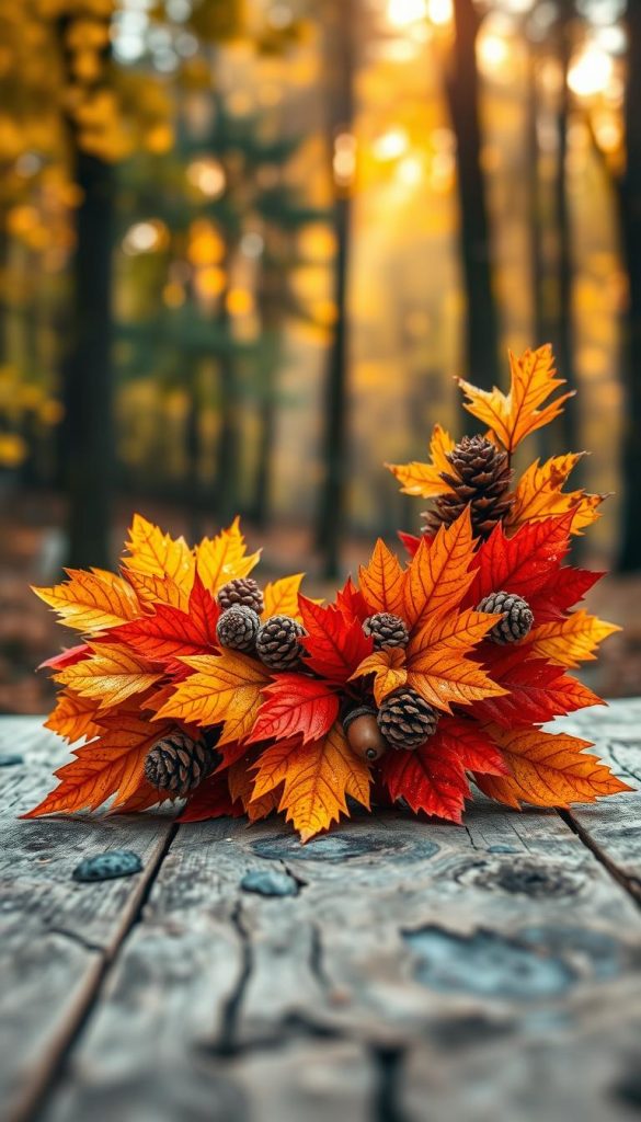 A beautifully arranged autumn wreath (Herbstkranz) featuring vibrant orange, yellow, and red leaves, adorned with acorns and pine cones. The foreground showcases the intricate details of the leaves and nature elements, slightly dewy, capturing a sense of freshness. In the middle, the wreath is artistically positioned on a rustic wooden surface, allowing the natural texture to contrast with the smoothness of the leaves and the roughness of the acorns. In the background, softly blurred forest scenery bathed in warm, golden sunlight creates an inviting and cozy atmosphere. The natural light enhances the warm colors, evoking feelings of nostalgia and creativity. This image reflects an authentic DIY aesthetic, perfect for a Pinterest-style inspiration, branded subtly with "KlickKiste" in the arrangement.