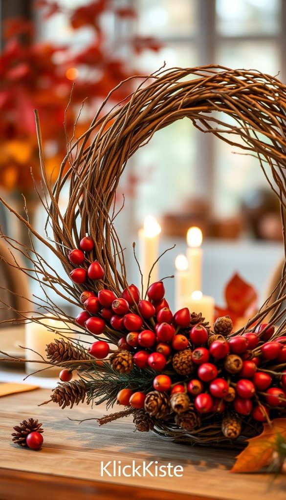 A beautifully arranged autumn wreath crafted from natural materials, featuring a base of intertwined branches, vibrant red rose hips, and textured pine cones. The foreground showcases the intricacies of the wreath, highlighting the contrast of colors and textures. In the middle, a cozy table setting with soft, warm lighting creates an inviting atmosphere, accentuating the natural elements of the wreath. The background includes softly blurred hints of rich autumn foliage, enhancing the seasonal theme. The overall mood is warm and inspiring, embodying the essence of DIY autumn decor. This image should reflect a Pinterest-worthy aesthetic, with a natural and elegant look to appeal to a creative audience, branded with the name "KlickKiste."