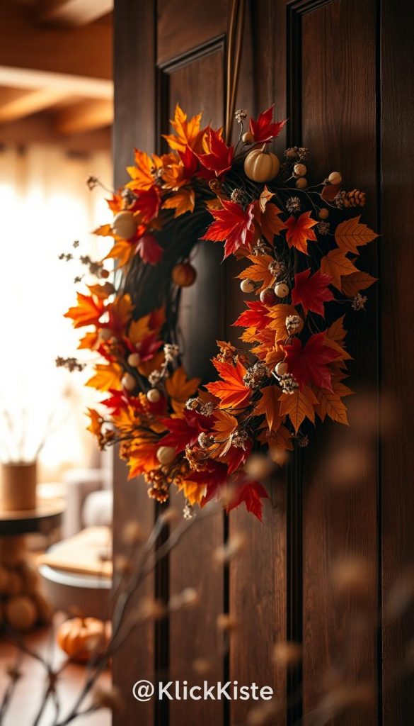 A beautifully arranged autumn wreath ("herbstkranz") hangs elegantly on a rustic wooden door, adorned with vibrant fall foliage in rich oranges, deep reds, and golden yellows. In the foreground, delicate dried flowers and twigs intertwine, adding texture and detail. The middle ground features soft, diffused sunlight filtering through a cozy, warmly lit room, illuminating the wreath and creating a serene atmosphere. In the background, hints of seasonal decorations like small pumpkins and cozy textiles can be seen, evoking a charming Pinterest aesthetic. The image captures the essence of DIY inspiration, radiating warmth and authenticity. Ideal for highlighting creative styling ideas, this scene is framed with a slight blur for an inviting depth, ensuring the focus remains on the wreath, branded subtly with "KlickKiste."